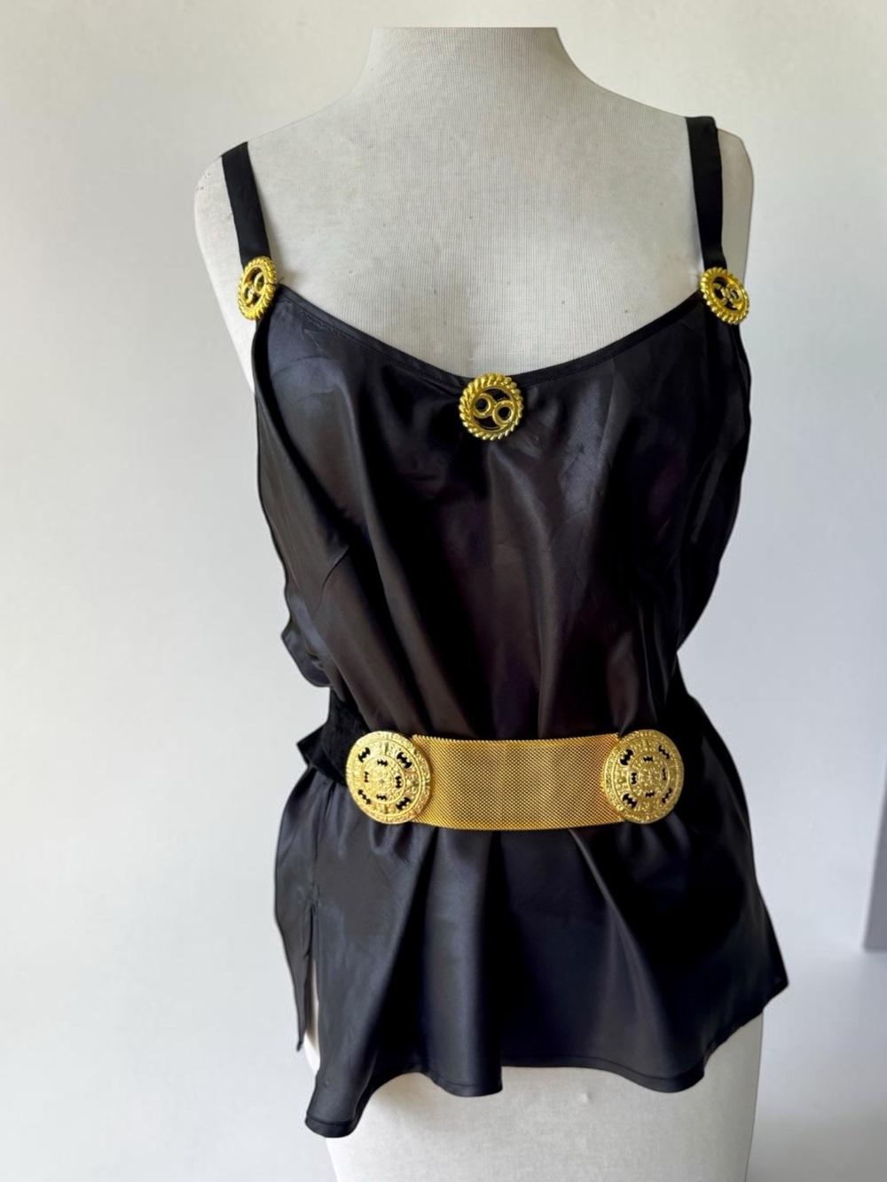Vtg 90s Black Satin Tank Gold Beaded Accents Sz 1X Crop Top Goth City Party Plus
